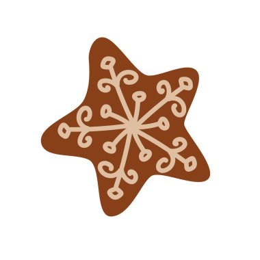 Beyaz kremayla süslenmiş zencefilli kurabiyenin vektör görüntüsü. Noel sembolü, basit tarz kurabiyeler, üst görünüm.