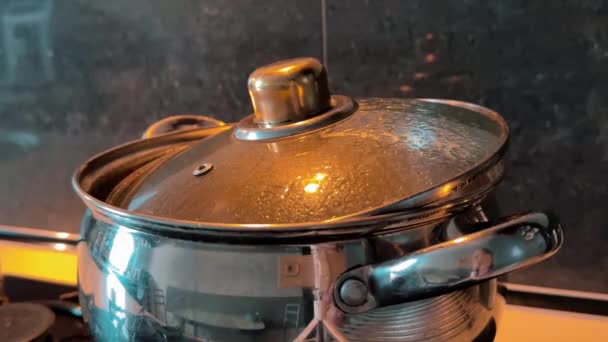 蒸気または蒸気雲は ストーブにソースパンの沸騰水から来ます 調理中にパンから蒸発する 運動中のクッキングプロセス 暗い背景で上昇する蒸気と白い煙 — ストック動画