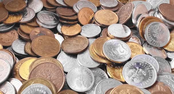 多数のポーランドの金属コインの背景に対して 異なる宗派の硬貨が落ちる インフレ デボリューションのテーマ — ストック動画