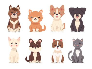 Düz tarzda sevimli ve komik evcil hayvanların vektör çizimleri. Beyaz bir arka planda izole bir şekilde oturan çeşitli kedi ve köpek türleri. Evcil hayvanlar