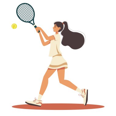 Kız tenisçi beyaz arka planda izole edilmiş bir raketle topa vuruyor. Tenis oynayan, moda renkleri olan, üniformalı, stilize bir kızla büyük bir tenisçinin düz bir temsili.