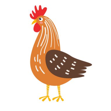 Düz stili olan renkli horoz beyaz arka planda izole edildi. Kümes hayvanları çiftçiliğinin karalama tarzında vektör çizimi. Çiftlik ve kümes hayvanları