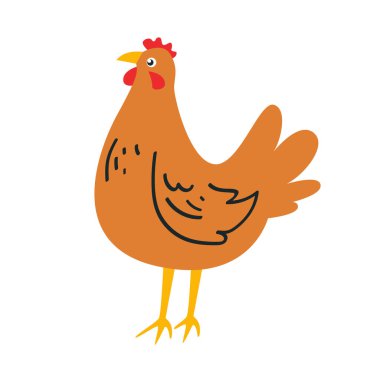 Sevimli, ayakta duran bir tavuk resmi, düz çizilmiş. Çiftlik ve kümes hayvanı yetiştiriciliği temalı vektör illüstrasyonu. Çocuk gelişimi için kullanılabilir