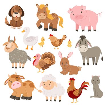 Cute farm animals collection with pig, cow, horse, sheep, goat and other characters. Doodle countryside animals set in cartoon style for kids and baby design. Vector illustration
