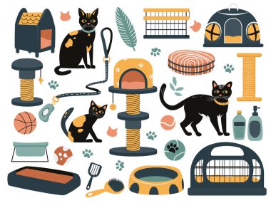 Evcil hayvan mağazası, kediler için aksesuarlar. Düz stil, yataklar, tırmalama direği, evcil hayvanlar için oyuncaklar, taşıyıcılar, besleyiciler, evcil hayvanlar için sırtlan ürünleri. Beyaz arkaplanda görüntü izole edildi.