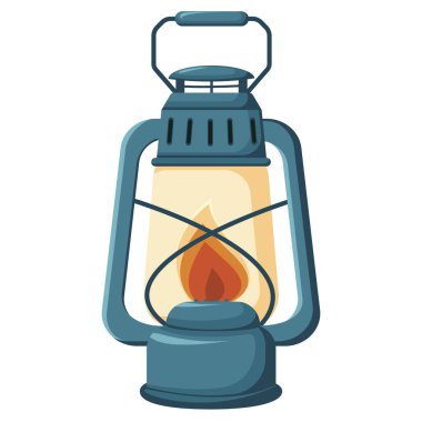 Eski gaz lambası, bahçe için klasik fener, kamp, yürüyüş, ormanda yürümek. Beyaz zemin üzerinde izole edilmiş düz vektör biçiminde bir gaz lambası vektör illüstrasyonu.