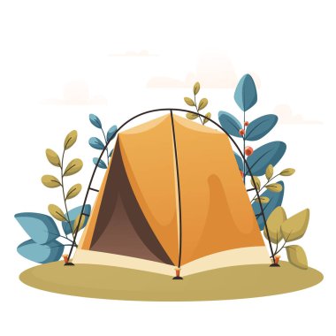 Düz tarzda sarı turist çadırı, güzel bitkilerin arka planında ve bulutlu günbatımında. Kamp ve seyahat, yaz tatili ve açık hava eğlencesi. Dağlarda dinlenme ve dinlenme