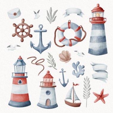 Set of marine symbols isolated on white background. Watercolor hand-drawn illustrations on a marine theme. Lighthouse, sailboat, anchor, rope, seaweed, steering wheel and lifebuoy. clipart