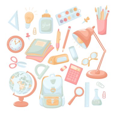 Düz vektör tarzında, beyaz arka planda izole okul malzemeleri seti. Okul, sırt çantası ve çocukların yaratıcılığı için eşyalar. Okula geri dön.