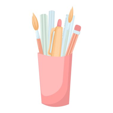 Kalemler, kalemler, fırçalar, kırmızı bardaktaki cetvel. Ofis aletleri. Okul malzemeleri pastel tonlarda. Kalem kutusu. Düz vektör çizimi beyaz arkaplanda izole edildi.
