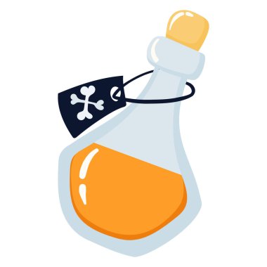 Düz vektör tarzında yeşil zehir içeren şişe beyaz arkaplanda izole edilmiş. Cadı iksiri, tipografi tasarımı için basitçe cadılar bayramı ögeleri.