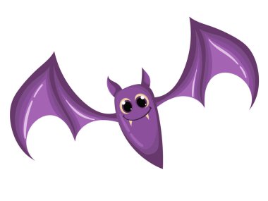 Düz vektör tarzında uçan yarasa, beyaza izole edilmiş. Çizgi film tarzında gece yaşayan vahşi bir hayvanın çizimi. Cadılar Bayramı tüyler ürpertici, modern vektör çizimi.