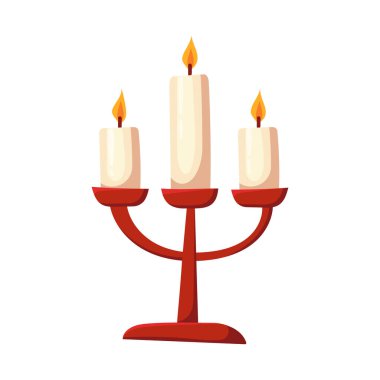 Yanan mumlarla üçlü şamdanın vektör çizimi. İç dekorasyon için şamdanlar. Mum ve mum. Düz vektör biçiminde Cadılar Bayramı ögeleri, beyaz arkaplanda izole