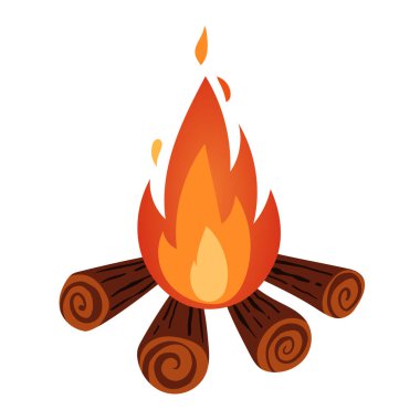 Beyaz arka planda yakacak odunları olan yanan bir ateşin vektör çizimi. Ateşin yanında yürüyüş ve dinlenme. Doğada sıcak bir tatil.