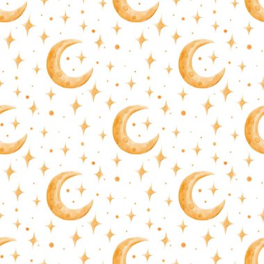 Ayın kusursuz desenli suluboya çizimi ve şeffaf veya beyaz arka plan PNG üzerinde yıldız. Hassas çocuk kumaşları ve baskısı için.