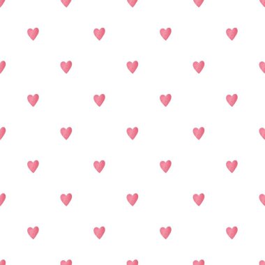 Beyaz arka planda, basit bir stilde, kusursuz bir kupa deseni. Basit bir el çizimi pastel renkli kalp tekstil arka planını yansıtıyor. Doku