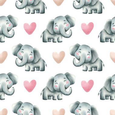 Beyaz arka planda fil ve kalp olan kusursuz bir model. Ambalaj kağıdı, kumaş, kart ve giysi üzerine baskı yapmak için suluboya çizim. Sevimli bebek arka planı.