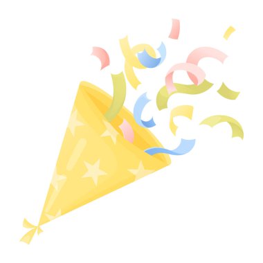 Beyaz arka planda izole edilmiş, kepten vektör konfetisi. Parti kutlaması. Doğum günü aksesuarları. Çizgi film tarzında düz vektör.