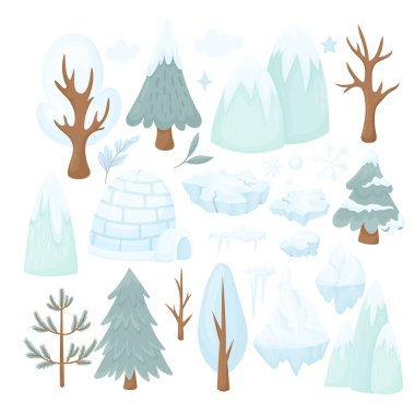 Çizgi film kış doğa unsurları. Karlı ağaçlar ve çalılar. Su gölü buzu. Fenerler ve kar yığınlı banklar. Şehir parkları. Buz saçaklı kar. Donmuş gölet ve birikintiler