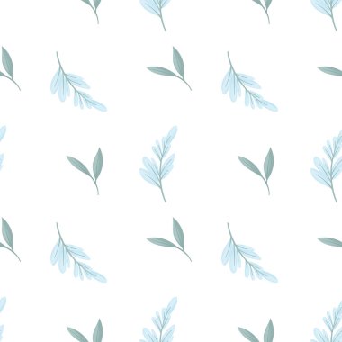 Beyaz arka planda yaprakları olan mavi dallı kusursuz vektör deseni. Kış temalı şirin botanik desen kumaşlar, ambalaj kağıtları ve daha fazlası için uygun..