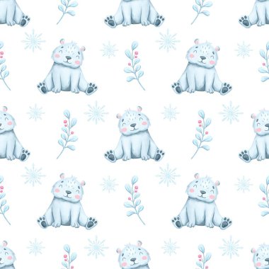 Beyaz ayı suluboya desenli kusursuz desen. Karikatür kutup ayısı suluboya tekniği ve ince bir dalla. Hayvanlarla kış deseni