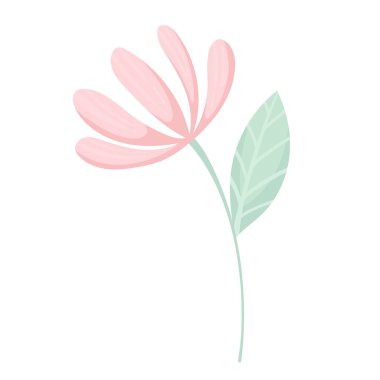 Beyaz arka planda izole edilmiş, sapı ve bir yaprağı olan pembe bir çiçeğin dekoratif vektör çizimi. Düz vektör tarzında stilize edilmiş çiçek. Kartpostal tasarımı için elementler, yazdırma.