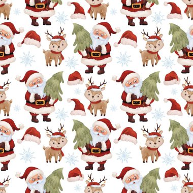 Noel Baba ve geyiğinin beyaz arka planda olduğu bir Noel suluboya deseni. Noel sembollü şenliksiz şablonlar. Tatil kağıtları, Noel Baba 'yla kış şablonları.