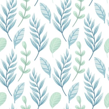 Çiçeksiz desenli, çok renkli yapraklı ve dallı. Tropikal yaprak arka planı. Botanik tekstil, ambalaj kağıdı, düz, el yapımı tasarım.