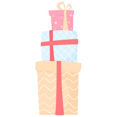 Beyaz arka planda izole edilmiş, kurdeleli ve yaylı hediyeler yığını. Sürpriz hediye, sadakat ödülü programı, doğum günü hediyeleri, ağacın altında yeni yıl hediyesi.