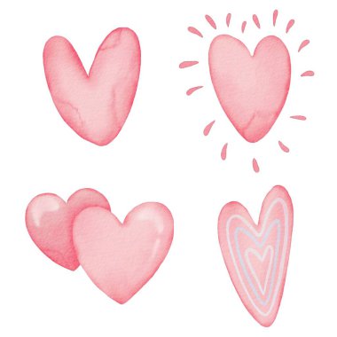 Beyaz arka planda izole edilmiş suluboya kalpler. Düğün ya da Sevgililer Günü tasarım şablonu. Aşk kartı, afiş, poster konsepti. Farklı kırmızı ve pembe kalplerin el çizimleri izole edilmiş..