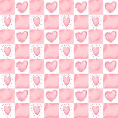 Küçük suluboya kalpler pürüzsüz tekrarlar. El fırçası güzel boyanmış sevgililer günü sonu gelmeyen karmakarışık bir arkaplan, şablon. Sanatsal suluboya lekeler desenli karalama kalp şekilleri