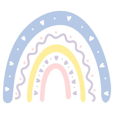 Kalpli karikatür gökkuşakları, pastel renklerde, beyaz bir arkaplanda izole edilmiş. Sevimli parlak renkli kemer elementleri bebek ya da çocuk tasarımı için izole edilmiş vektör. Gökkuşağı şekilli koleksiyon.