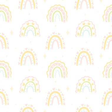 El yapımı gökkuşağı ve beyaz arka planda izole edilmiş kalplerin vektörsüz deseni. Çocuk kumaşı ya da duvar kağıdı için kusursuz desenler. Kalpli Pastel gökkuşakları