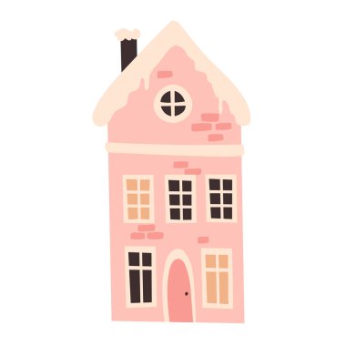 Ev elle çizilmiş pembe ve açık renkli. Karalama tarzında şenlikli kışlık ev. Kış temalı vektör illüstrasyonu EPS10