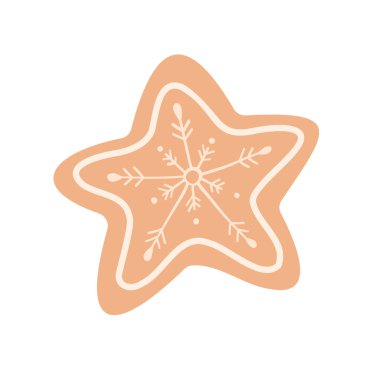 Christmas gingerbread with icing in the form of snowflakes, hand-drawn. Isolated gingerbread vector illustration. Christmas baking in the shape of a star, with white icing clipart