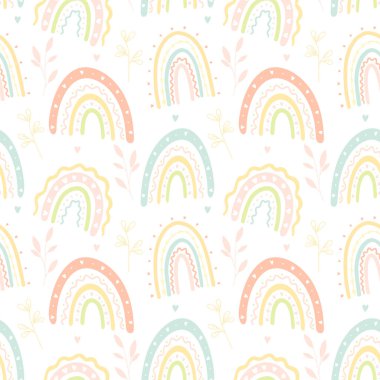 Beyaz arka planda izole edilmiş ellerin, gökkuşaklarının, yaprakların ve kalplerin kusursuz desenleri. Çocuk kumaşı ya da duvar kağıdı için kusursuz desenler. Pastel gökkuşakları Sevgililer Günü için kalplerle