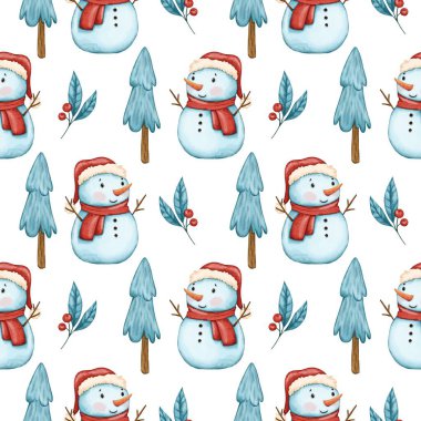 Noel kardan adamı, beyaz arka planda dal ve köknar ağacı desenli. Suluboya tarzında geleneksel hediye paketleme tasarımı. El çizimi dijital kağıt