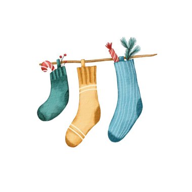 Suluboya Noel ağacı boyası çizimi. İskandinav halk tarzında el çizimi renkli ve şirin örülmüş çoraplar. Tatil minimalist dekoru, izole. Sıcak kış örgüsü.