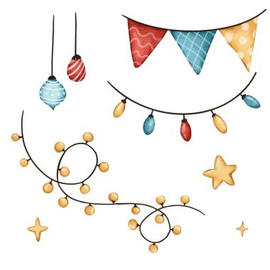 Renkli ampullü bir Noel çelengi çizimi. Tatil için çok renkli ampuller, suluboya tekniği, şeffaf bir arkaplanda izole edilmiş, PNG