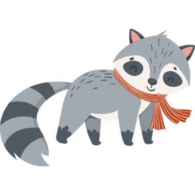 Çizgili eşarplı şirin bir rakun. Çocuk tişörtleri için çizgi film karakteri, çocuk odası dekorasyonu, bebek partisi, tebrik kartı, davetiye, ev dekorasyonu. Stok vektör illüstrasyonu