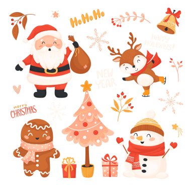 Noel seti. El yapımı vektör unsurları, Noel ağacı, hediye kutuları, Noel Baba, ren geyiği, zencefilli ekmek, kar taneleri ve kardan adam, beyaz arka planda izole edilmiş. Düz stil Noel sembolleri