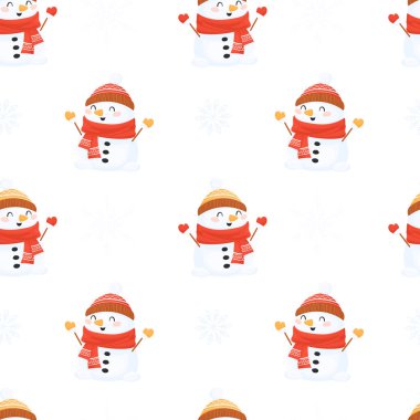 Beyaz arkaplanda kardan adam desenleri var. Beyaz arka planda kar taneleriyle süslenmiş şapka ve eşarplı vektör kardan adamlar. Kumaş ve Noel kağıdı yapmak için ideal.