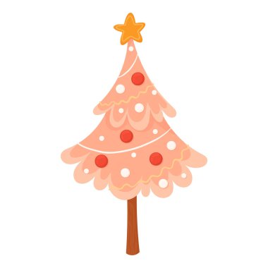 Beyaz arka planda izole edilmiş pembe Noel ağacı. Yeni yıl teması üzerine basit bir illüstrasyon. Şık Noel ağacı renkli toplar ve çelenklerle süslenir..