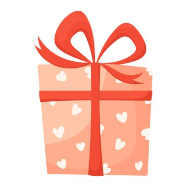 Beyaz arka planda kalp izi olan el çizimi bir hediye kutusu. Doğum günü hediyeleri, Sevgililer Günü, Yeni Yıl ve Noel. Kırmızı fiyonklu sürpriz kutu.