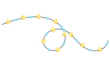 Yıldızlı dekoratif çelenk. Arka planda karalama tarzı süslemeleri olan asılı renkli yıldızlar. El çizimi Noel çelengi. Kartlar ve pankartlar için çelenk, tebrik ederim..