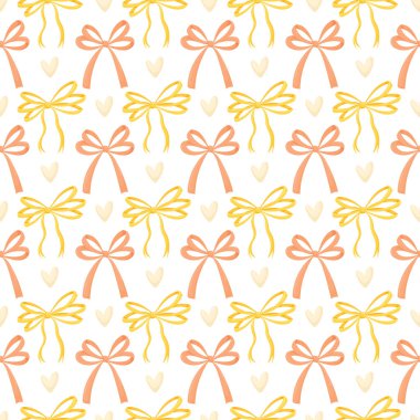 Vektör pembe ve kırmızı fiyonklar. Kusursuz desenli hediye yayları ve beyaza izole edilmiş kalpler. Düğün kutlaması baskısı, tatil, parti dekorasyonu, hediyeler, ambalaj kağıdı. Sevgililer Günü