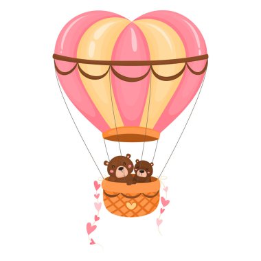 Bir çift ayıyla kalp şeklinde sıcak hava balonu. Beyaz arka planda izole edilmiş festival sıcak hava balonu. Kurdeleli ve kalpli bir kalp şeklinde romantik sıcak hava balonu..