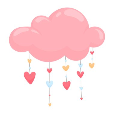 Pembe buluttan çok renkli kalpler düşüyor. Kartlar, çarşaflar, ambalajlar için şirin bir vektör tasarımı. Sevgililer Günü için Vektör illüstrasyonu.