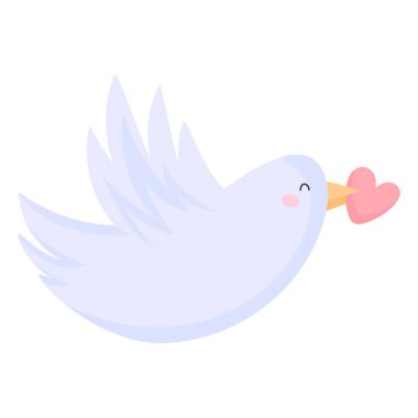 Sevgililer günü kartı beyaz arka planda kalbi tutan güvercin. Karikatür güvercini gagasında sevgililer günü kartı tutuyor. Kartpostallar için resim