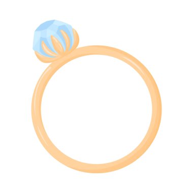 Parlak elmaslı vektör yüzüğü. Altın alyans. Aşıkların nişanı. Çizgi film tarzında yüzük. Büyük taşlı bir yüzük. Sadakatin ve karı koca sevgisinin sembolü. Sarı altın. Sevgililer Günü.